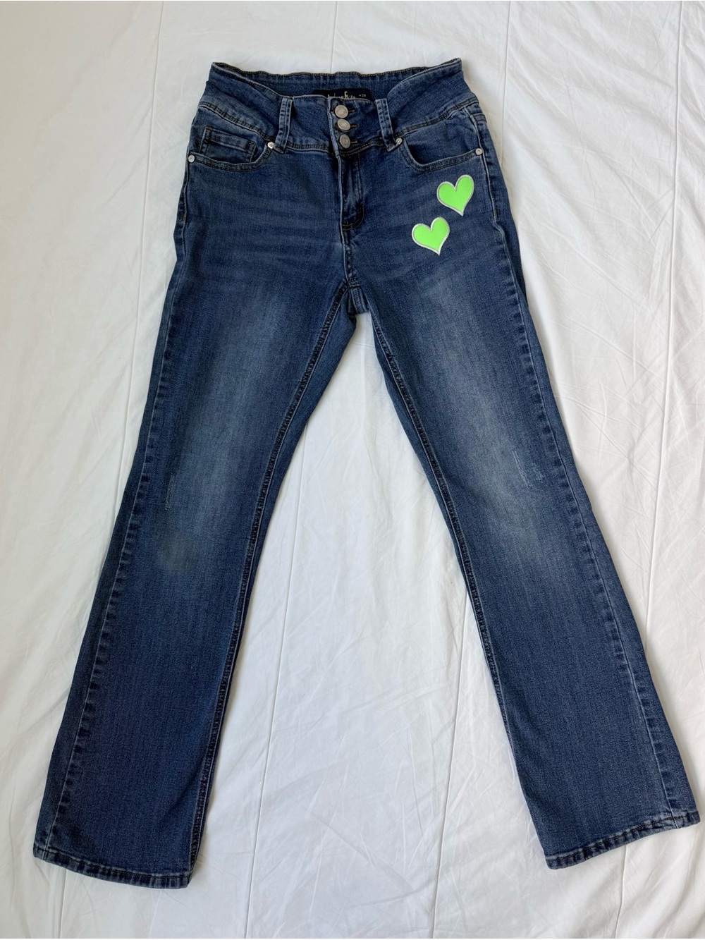 Indigo Rein High Waisted Button Fly Jeans Neon Green Hearts Size 9 Juniors